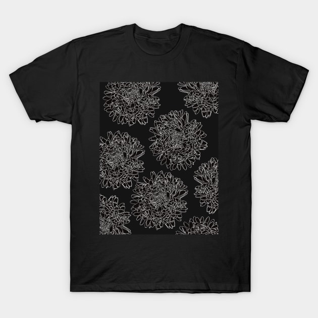 The beautiful pattern with White lineart dahlias on black background T-Shirt by marina63